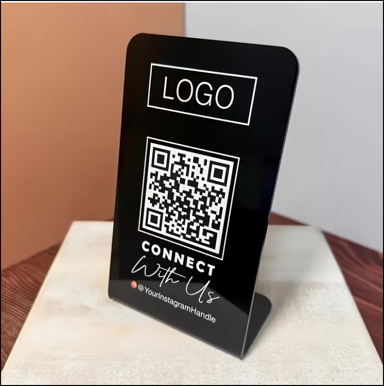 Customized Logo Social Media Menu QR Code Display Stand - Black and White Color Scheme,